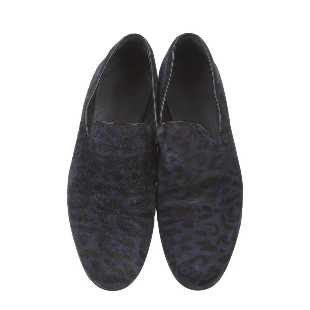 Jimmy Choo Mens Leopard Print Calf Hair Loafers Navy Blue Black Size 9.5 Luxury
